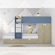 Bedroom with bunk bed with drawers and wardrobe in oak and light blue