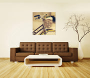 Glass print 70x70 cm with multicolored canvas