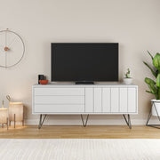 White TV Stand with Flip-Down Doors - 57cm H x 139cm W x 36cm D