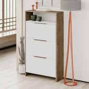 Kaju shoe rack with 3 white folding doors and walnut structure