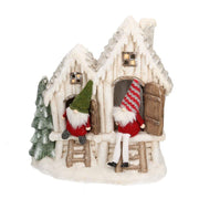 White resin house with led and gnomes cm40x23h44