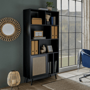 Vienna20A black bookcase with wicker effect fronts