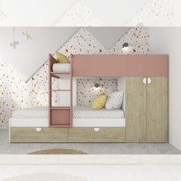 Bedroom with bunk bed with drawers and wardrobe in oak and antique pink