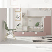 Bedroom with bunk bed and pull-out bed with integrated wardrobe in worn white and antique pink